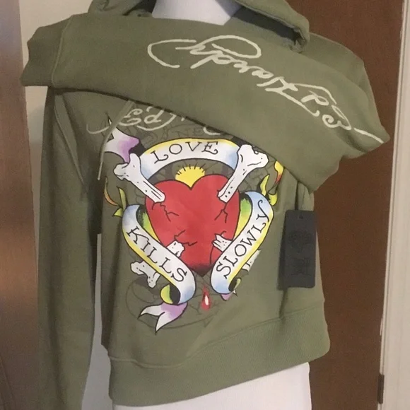 🌹2X HOST PICK🌹 ED HARDY “LOVE KILLS SLOWLY” GREEN PULL OVER HOODIE/NWT/SZ L - Picture 5 of 15